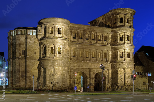 Evening view of the Porta Nigra (Black Gate) in Trier, Germany