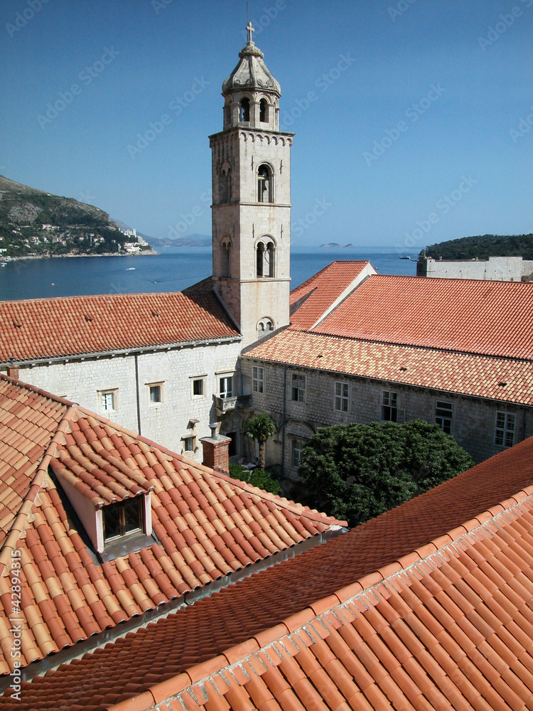 Dubrovnik fortified town, roofs and tower bell, Croatia