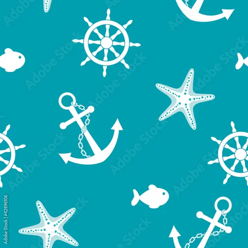 Tapety Morze bezszwowe tło z kotwicy, koła, ryby, rozgwiazdy