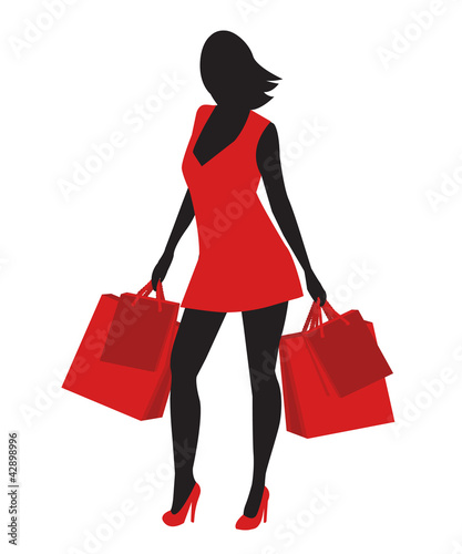 silhouette of a girl in a red dress with shopping