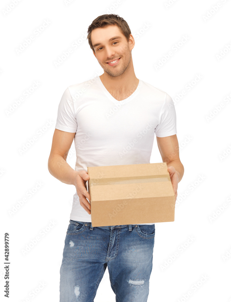 man in white shirt with parsel
