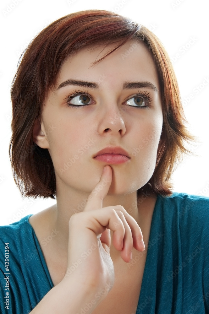 young girl thinking about something - white background young girl thinking about something - white background