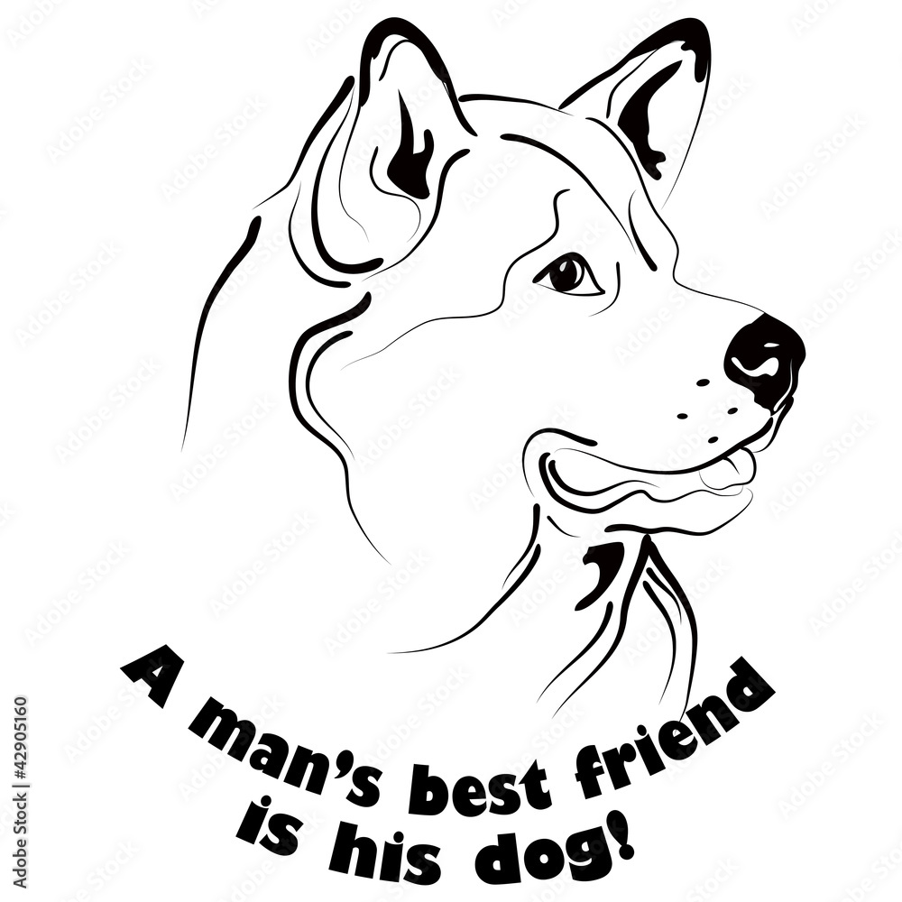 Graphic black and white dog face drawing with text. Graphic black and white dog face drawing with text.