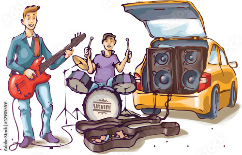 Two street musicians are playing their music.