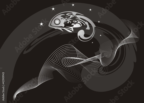 Platinum fish on a black background with a wave