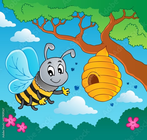 Cartoon bee with hive