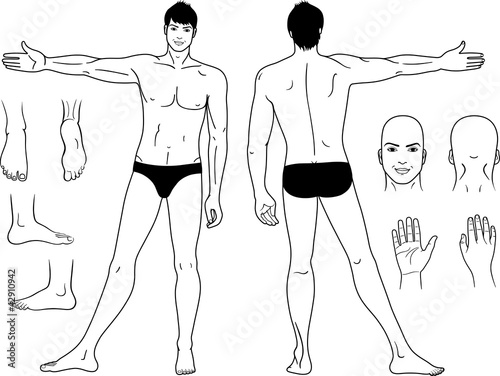Full length (front & back) views of a standing naked man