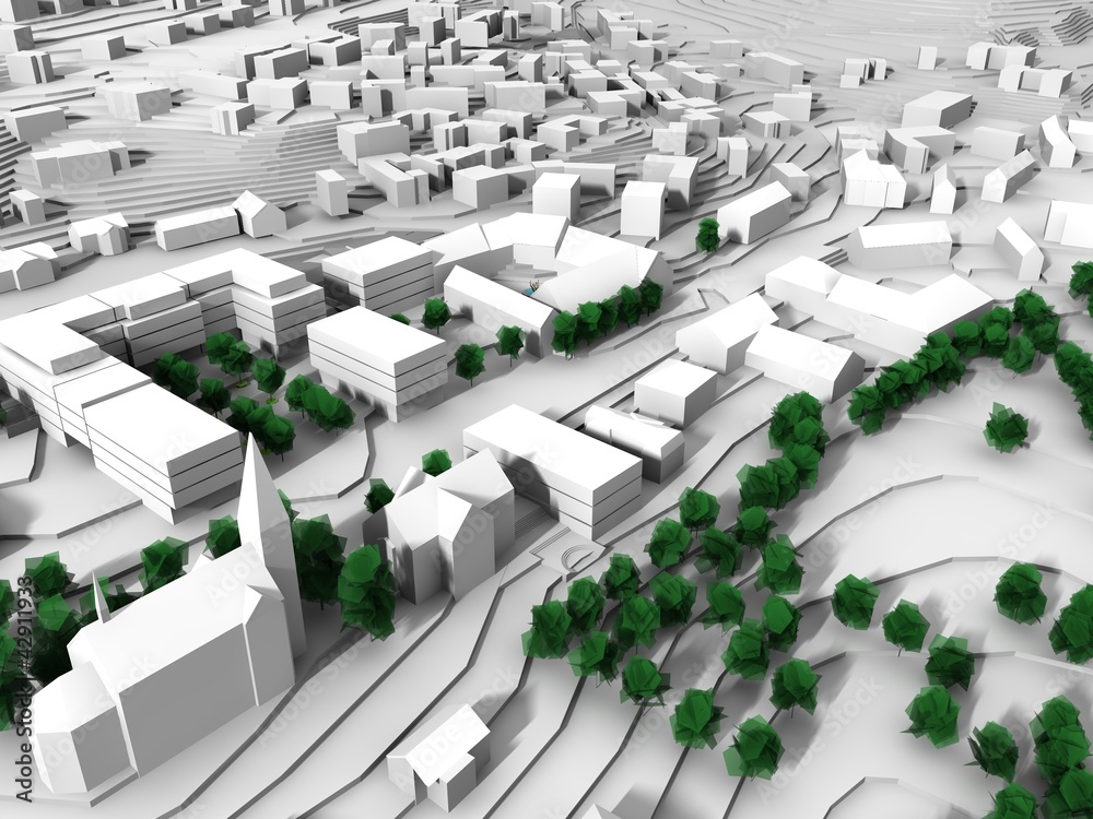 Fototapeta renderowanie modelu miasta w kolorze zielonym i białym
