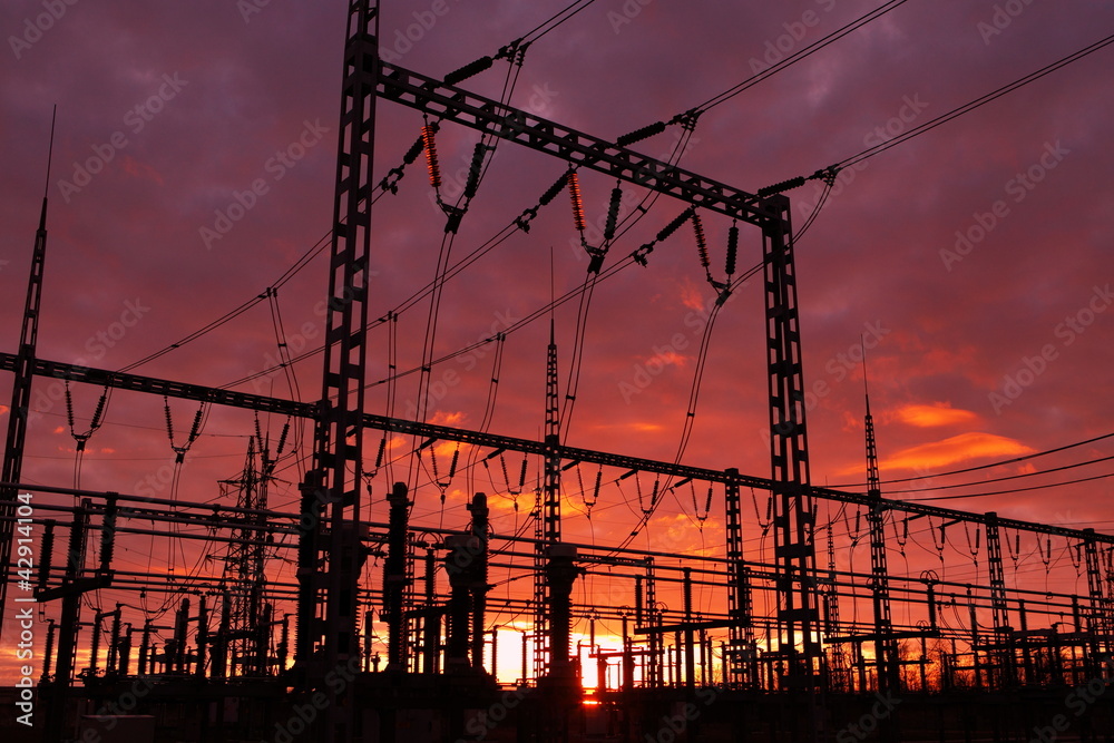 Electrical substation on the sunset background