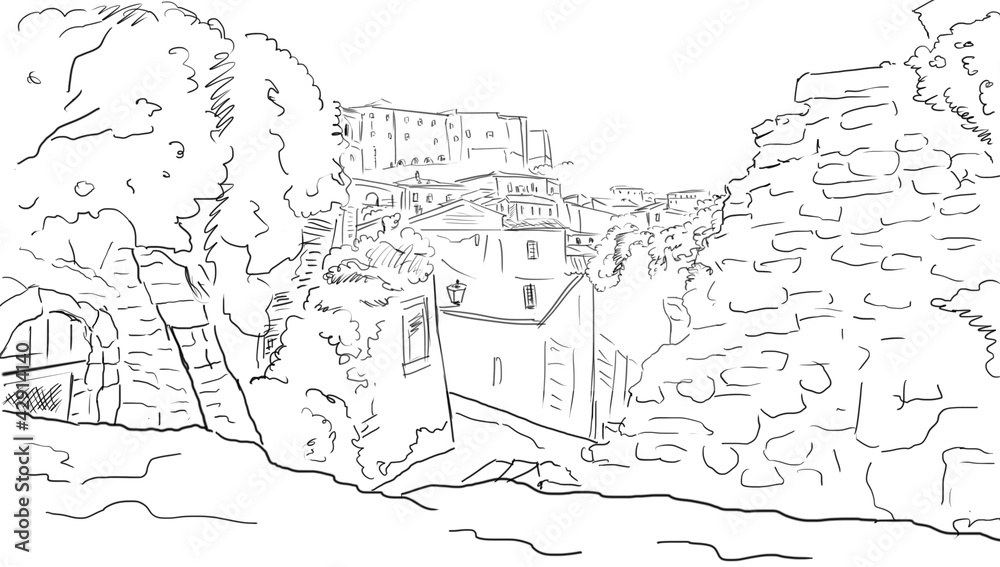 Old Buildings In Typical Medieval Italian City - illustration