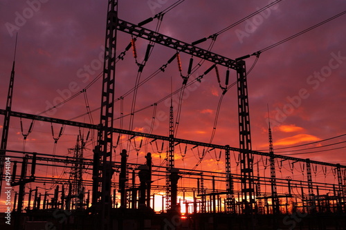 Electrical substation on the sunset background