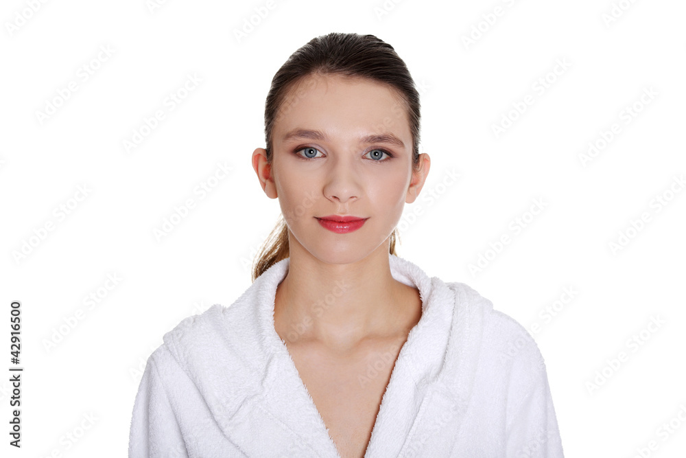 Young beautiful happy woman in bathrobe Young beautiful happy woman in bathrobe