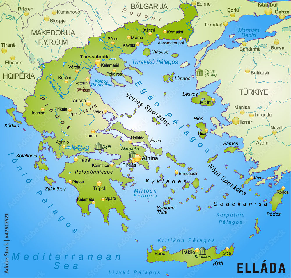 Fototapeta premium Mapa obszaru Grecji ze stolicami