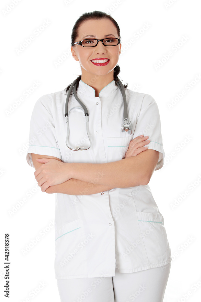 Beautiful woman in medical uniform and stethoscope. Beautiful woman in medical uniform and stethoscope.