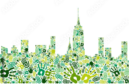 Go green hands city skyline background