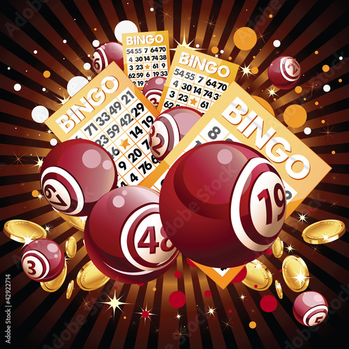Bingo or lottery balls and cards on shiny background.