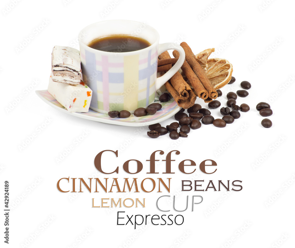 Cup of coffee with ingredients on a white background Cup of coffee with ingredients on a white background