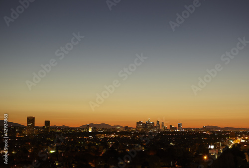 Sunrise with heat haze of Downtown Los Angeles skyline
