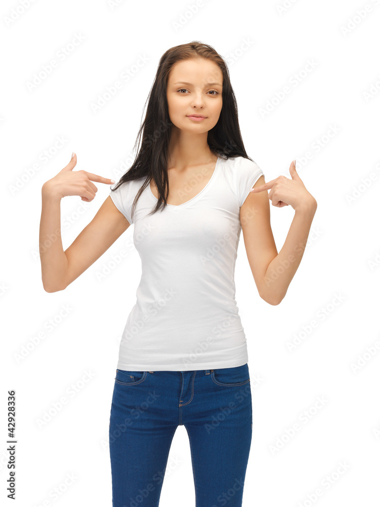 smiling teenage girl in blank white t-shirt smiling teenage girl in blank white t-shirt