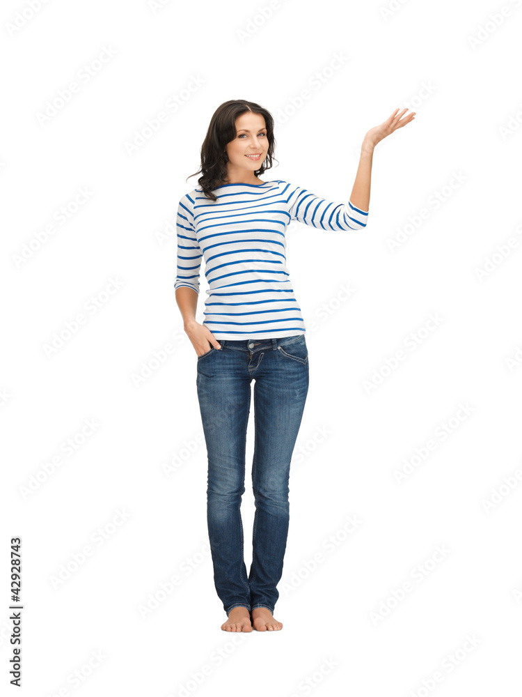 woman in casual clothes showing direction woman in casual clothes showing direction