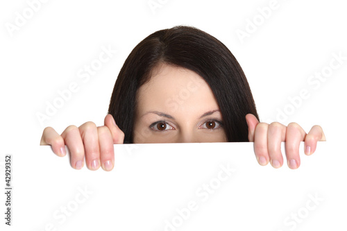 Young woman with blank white board.