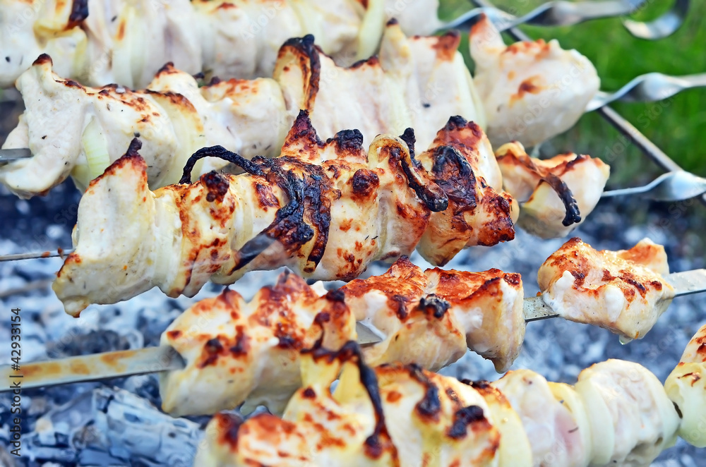 shish kebab on skewers and hot coals shish kebab on skewers and hot coals