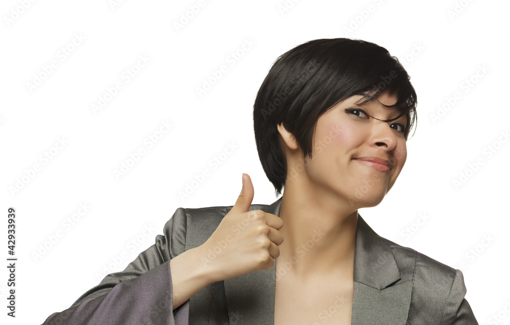 Happy Young Mixed Race Woman With Thumbs Up on White Happy Young Mixed Race Woman With Thumbs Up on White