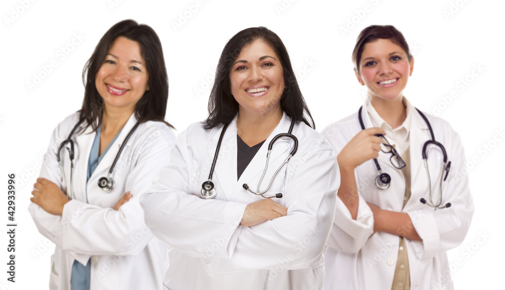 Three Hispanic Female Doctors or Nurses on White Three Hispanic Female Doctors or Nurses on White