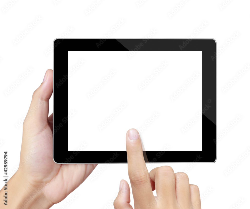 hands are pointing on touch screen ,touch- table