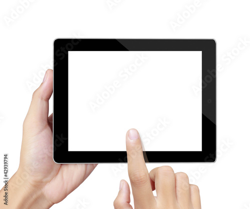 hands are pointing on touch screen ,touch- table