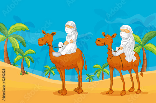 Men riding camels in desert