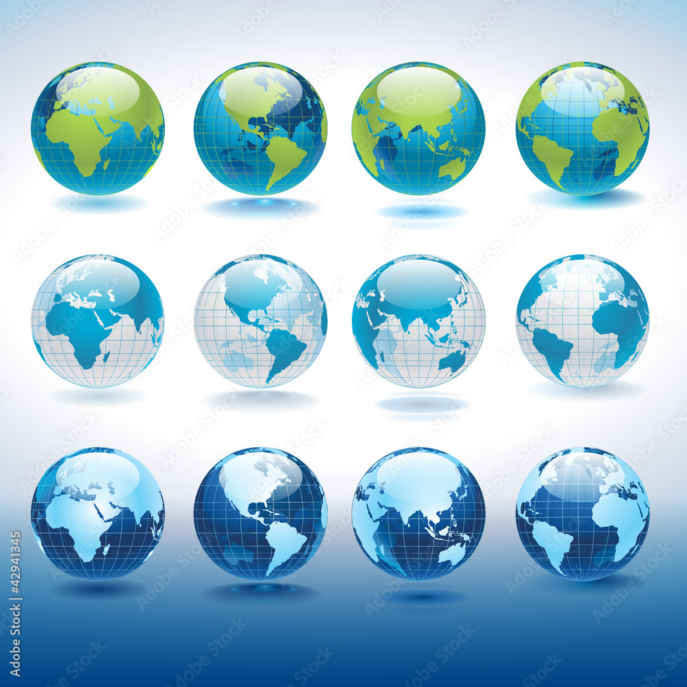 Set of vector globe icons showing earth with all continents Set of vector globe icons showing earth with all continents