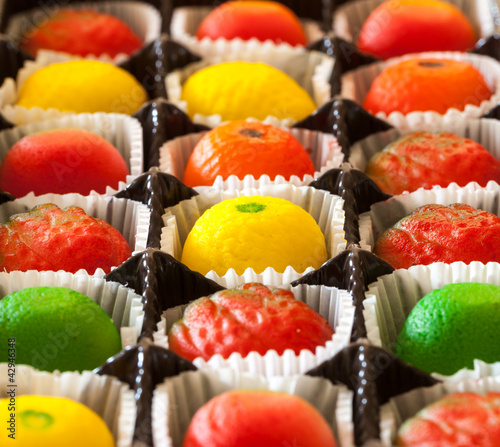Macro image of marzipan fruit candies