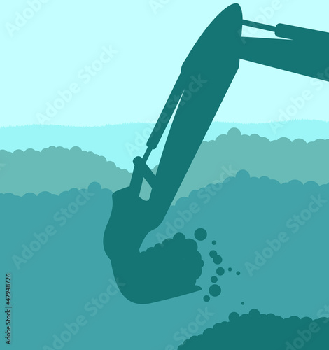 Excavator loader at construction site with raised bucket vector