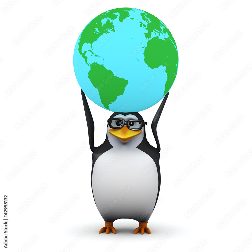 Obraz premium 3d Penguin in glasses holds a globe on his head