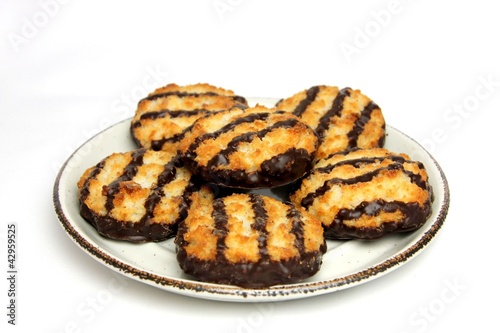 Plate of chocolate and coconut Macaroon biscuits