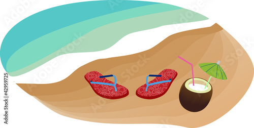 The flip-flops and the coconut on a beach
