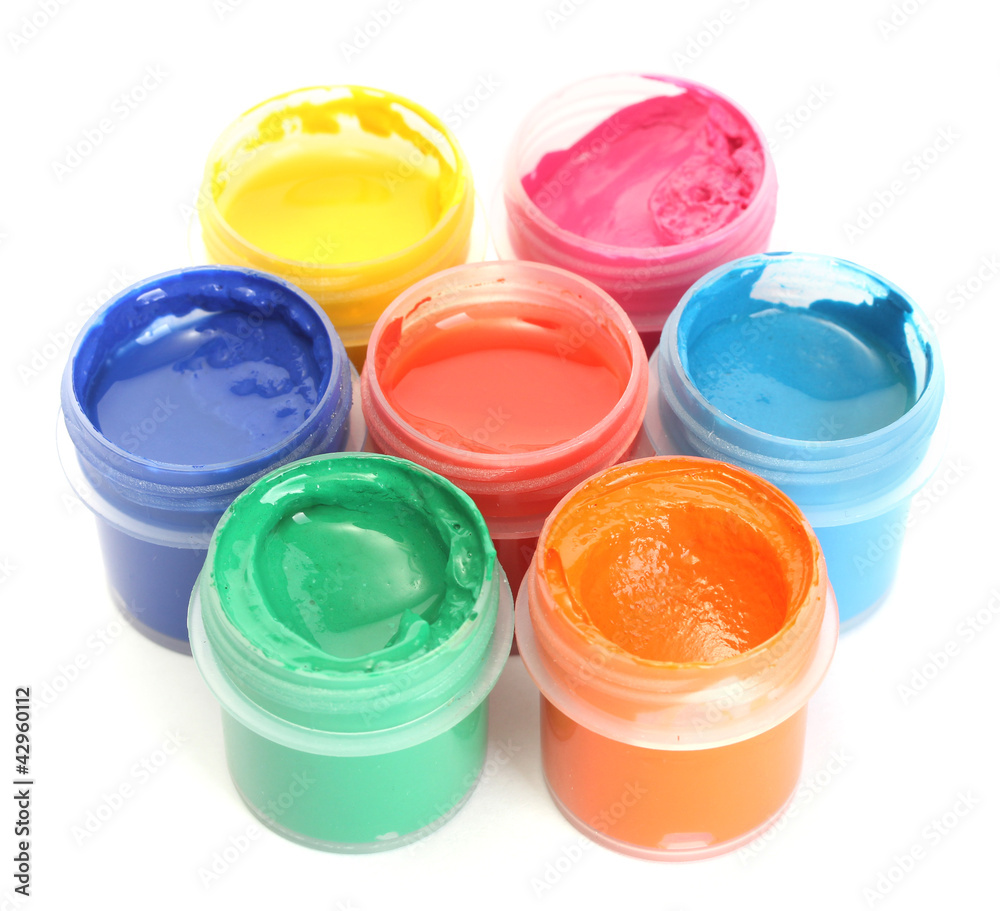 jars with multicolored gouache isolated on white background jars with multicolored gouache isolated on white background