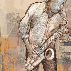 Wandcirkels Muziekband Saxofonist op grunge muur  © Isaxar
