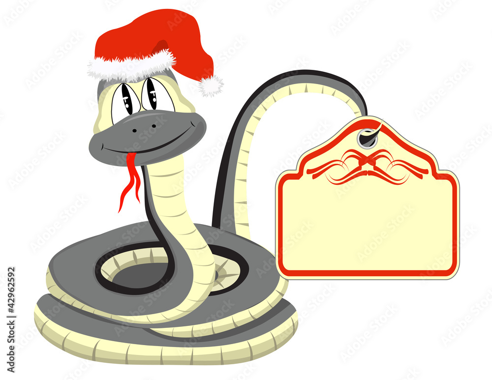 Obraz premium Snake in a Santa Claus hat with a paper in the tail