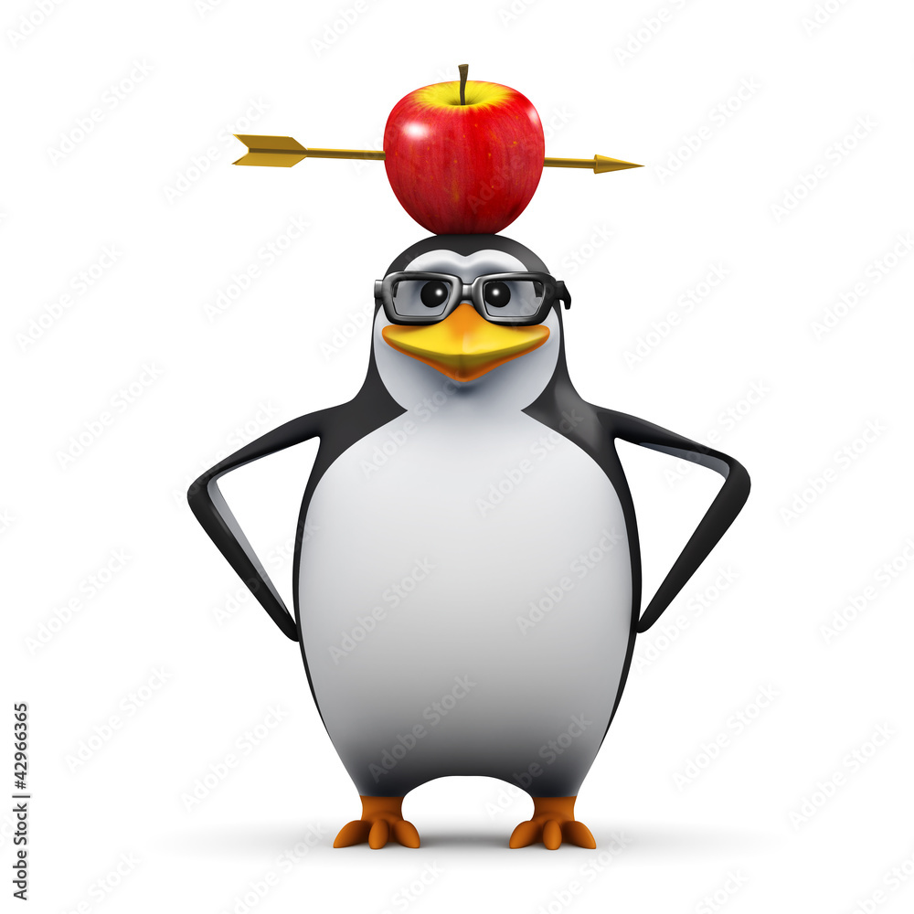 Fototapeta premium 3d Penguin in glasses with apple on head
