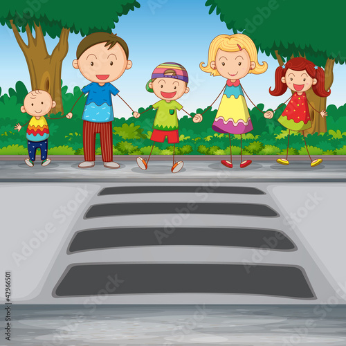 family crossing road