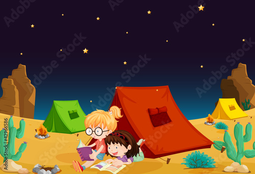 tent house and girl reading books