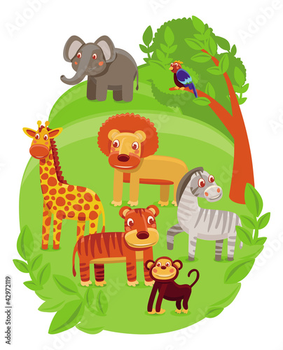 funny cartoon animals in green jungle