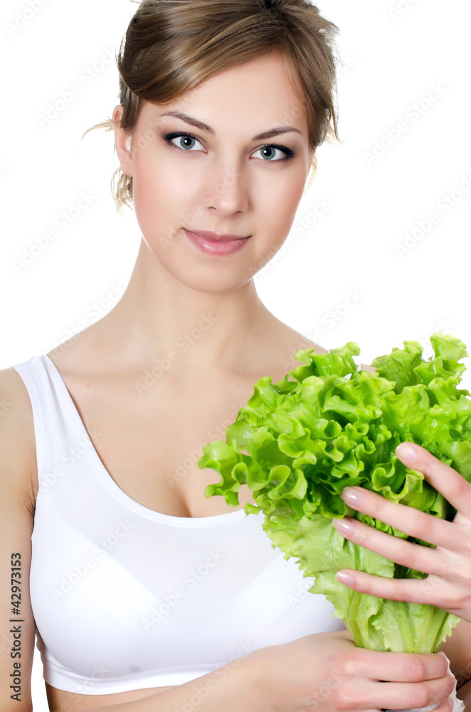 The beautiful girl with green salad The beautiful girl with green salad