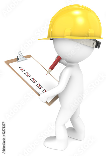 3D little human character The Builder with a clipboard
