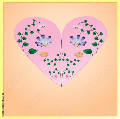 Beautiful pink heart with flowers with green leaves inside. Illu