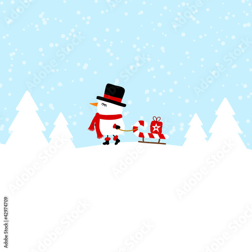 Snowman Pulling Candy Cane Sleigh With Gift Blue