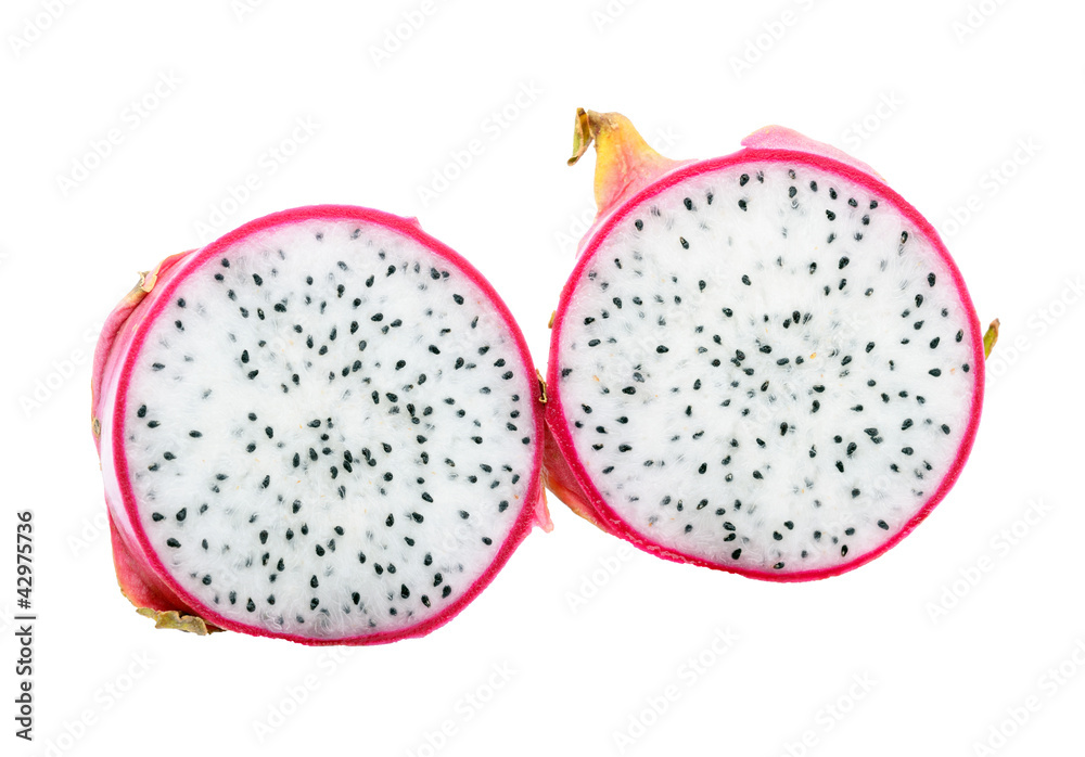 Two Half of Dragon Fruit isolated on white