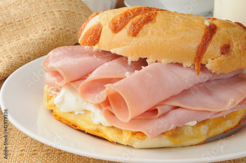 Onion bagel with ham and cheese
